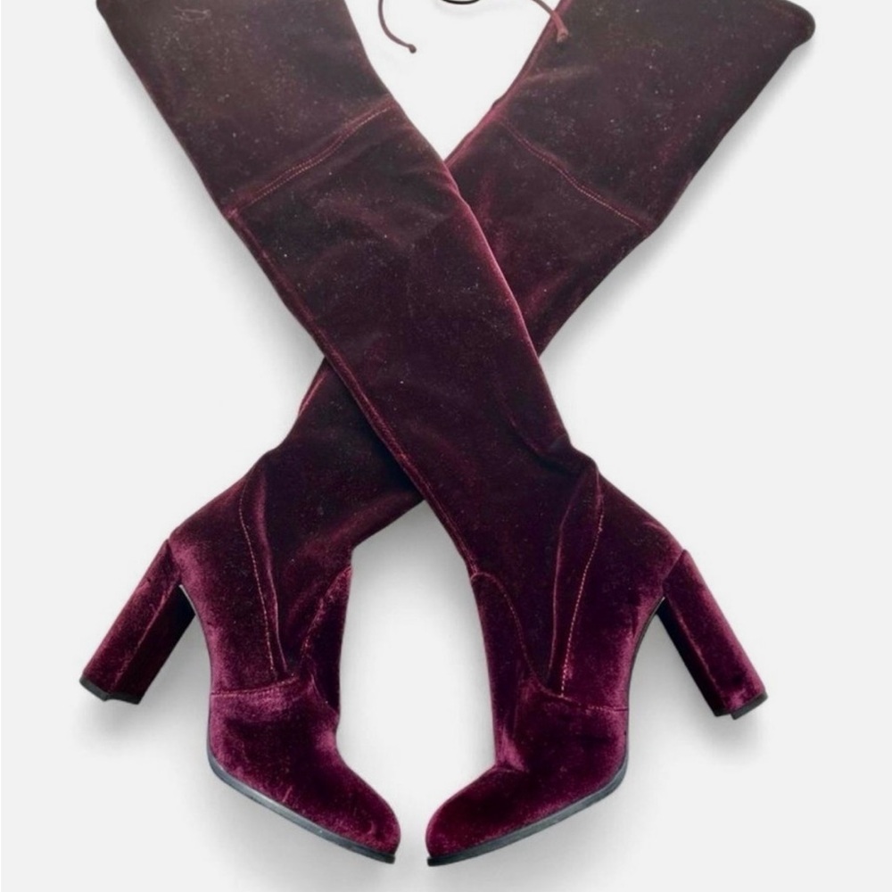 Stuart Weitzman Over-the-Knee Velvet Boots in Deep Burgundy
